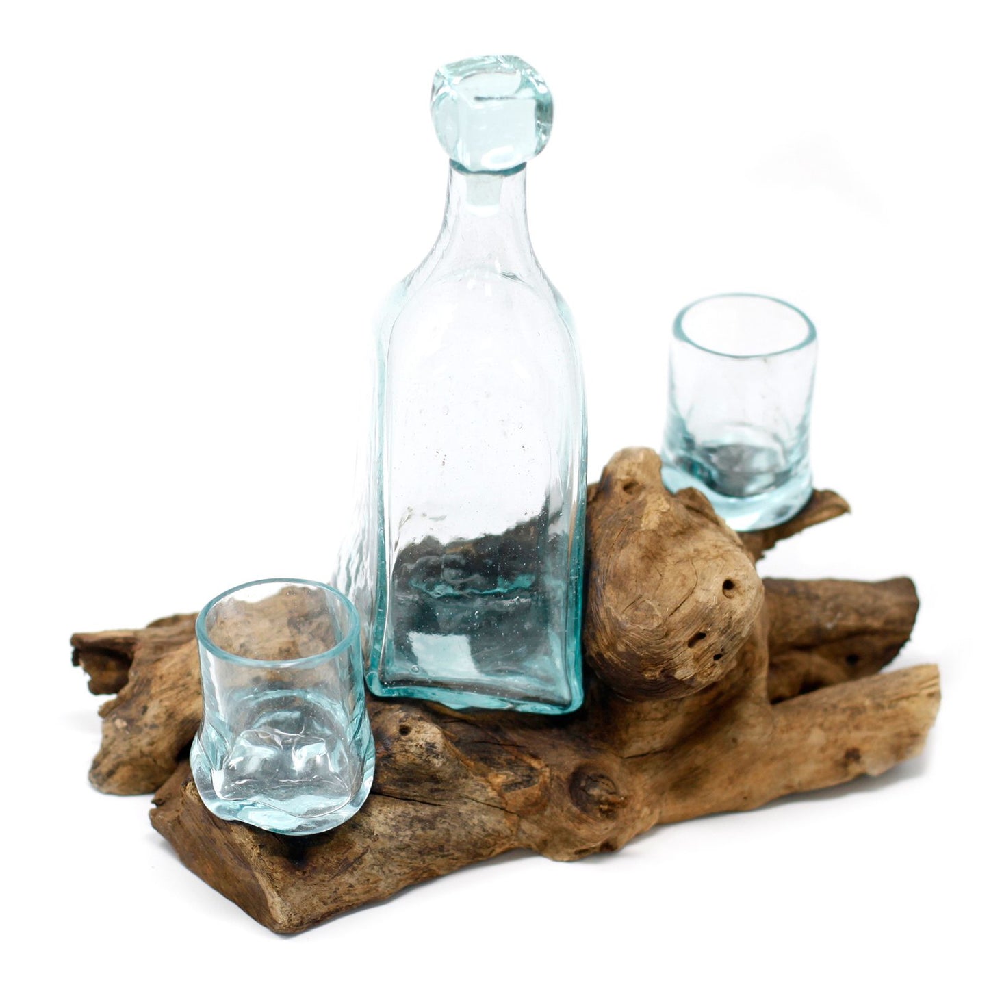 Handcrafted Molten Glass Whisky Decanter Set on Natural Gamal Wood