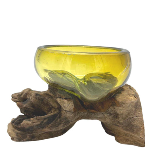 Handcrafted Amber Molten Glass Mini Bowl on Natural Gamal Wood