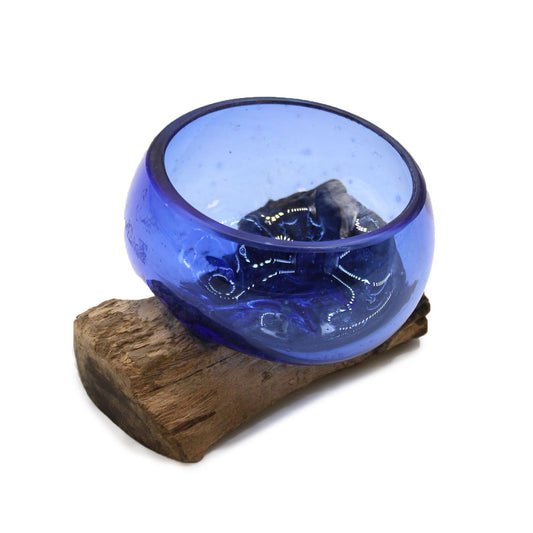 Handcrafted Blue Molten Glass Mini Bowl on Natural Gamal Wood