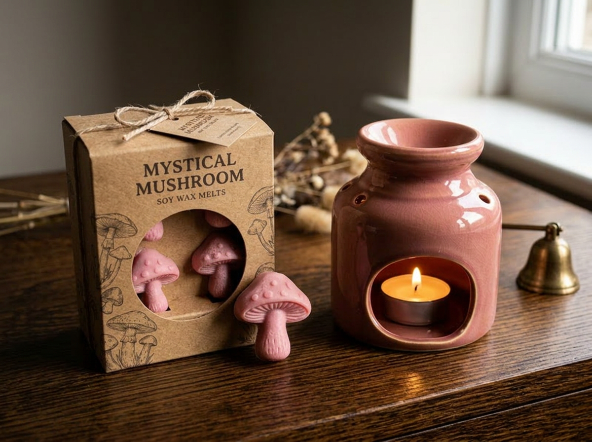 Dark Sandalwood soy wax melts in rustic packaging, Glan & Hearth home fragrance.