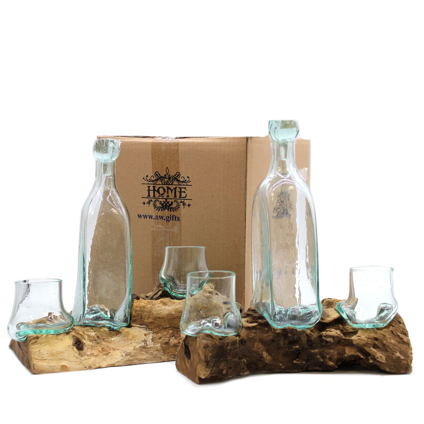 Handcrafted Molten Glass Whisky Decanter Set on Natural Gamal Wood