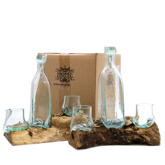 Handcrafted Molten Glass Whisky Decanter Set on Natural Gamal Wood