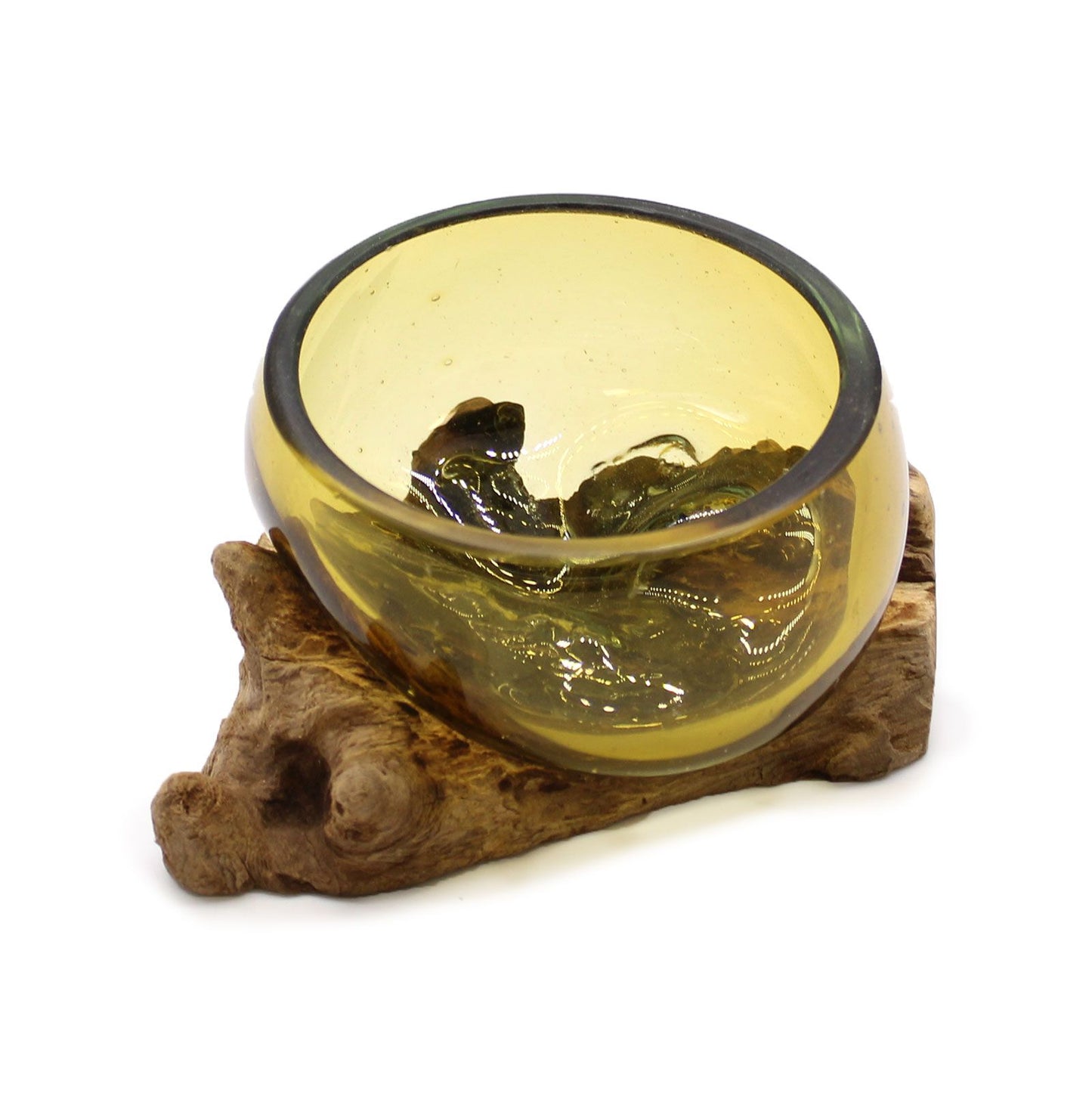 Handcrafted Amber Molten Glass Mini Bowl on Natural Gamal Wood