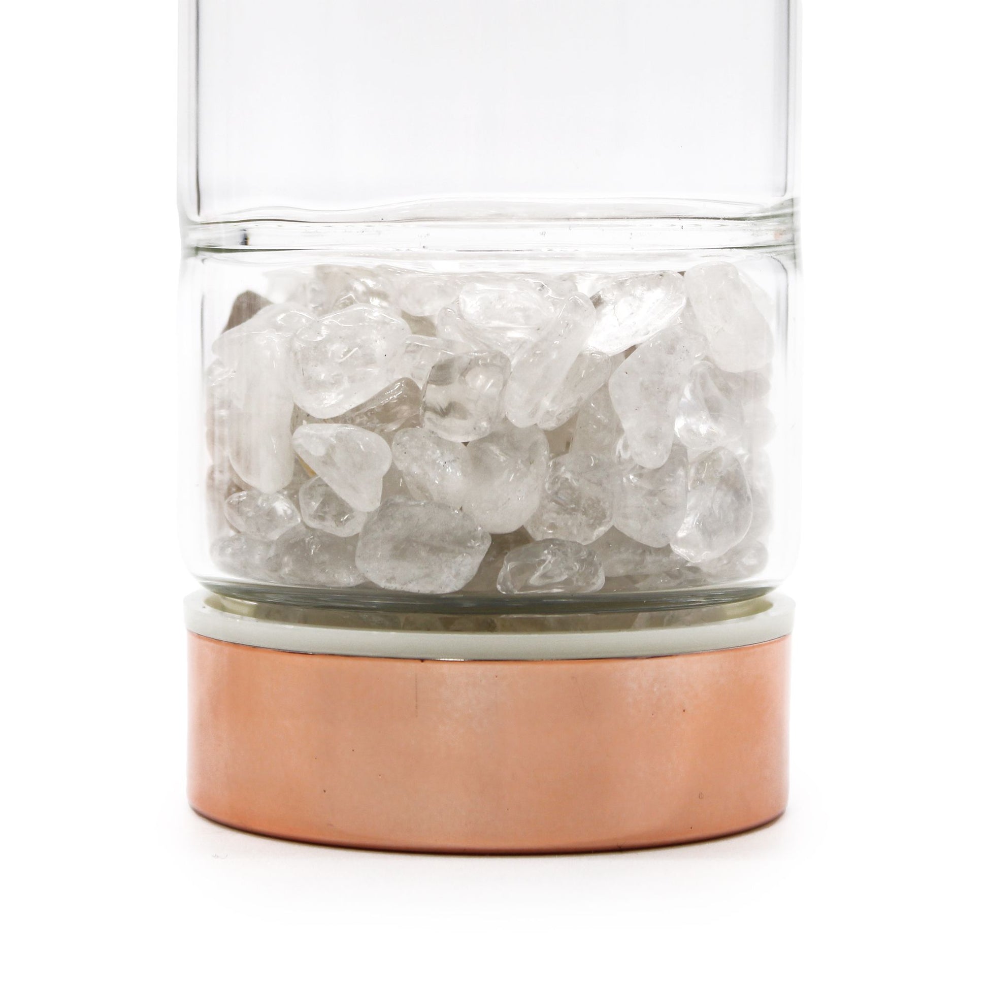 Rock Quartz & Rose Gold botanical infuser bottle with a glass chamber at the base.