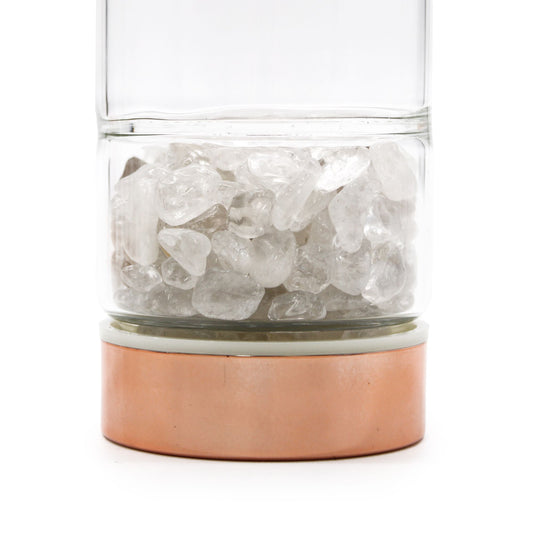 Rock Quartz & Rose Gold botanical infuser bottle with a glass chamber at the base.