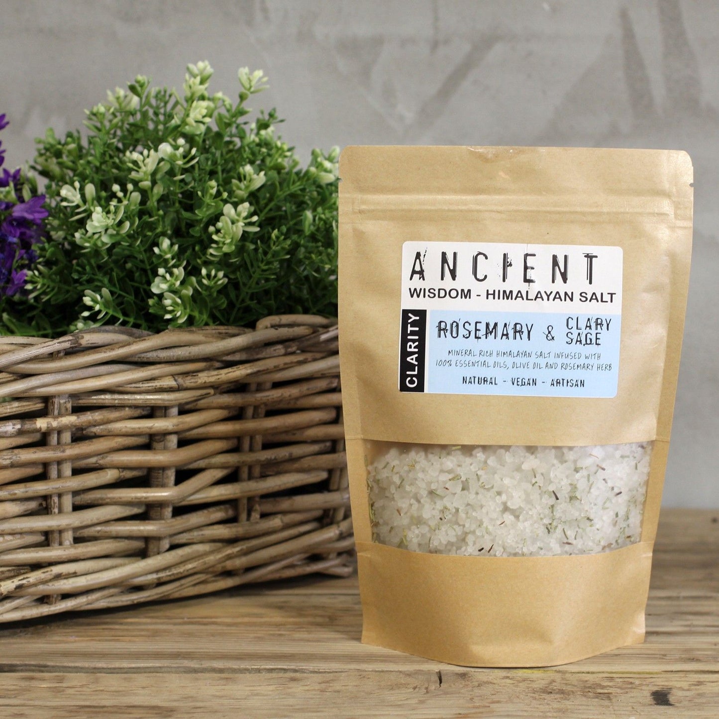 Clarity Rosemary & Sage Himalayan bath salt blend in a resealable kraft pouch.