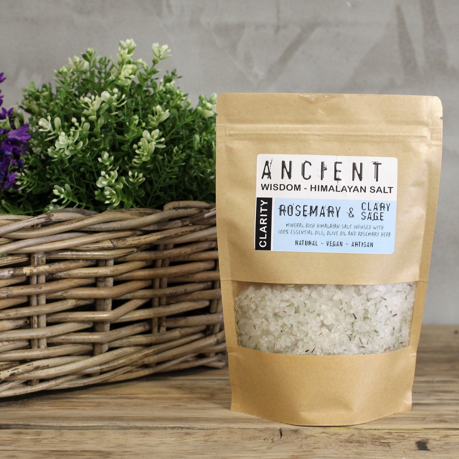 Clarity Rosemary & Sage Himalayan bath salt blend in a resealable kraft pouch.