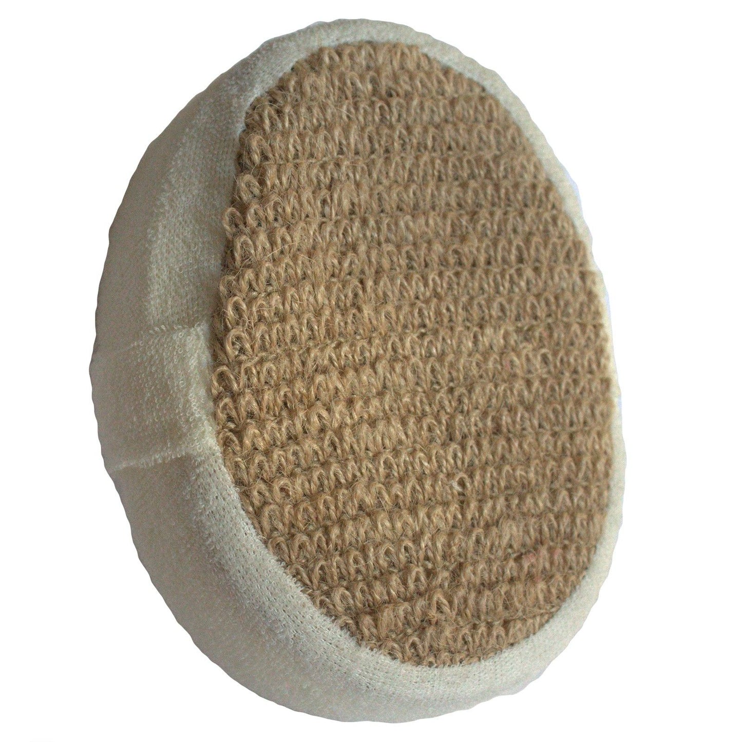 Natural brown textured luxury bath sponge on a white background for a sustainable bathroom ritual.