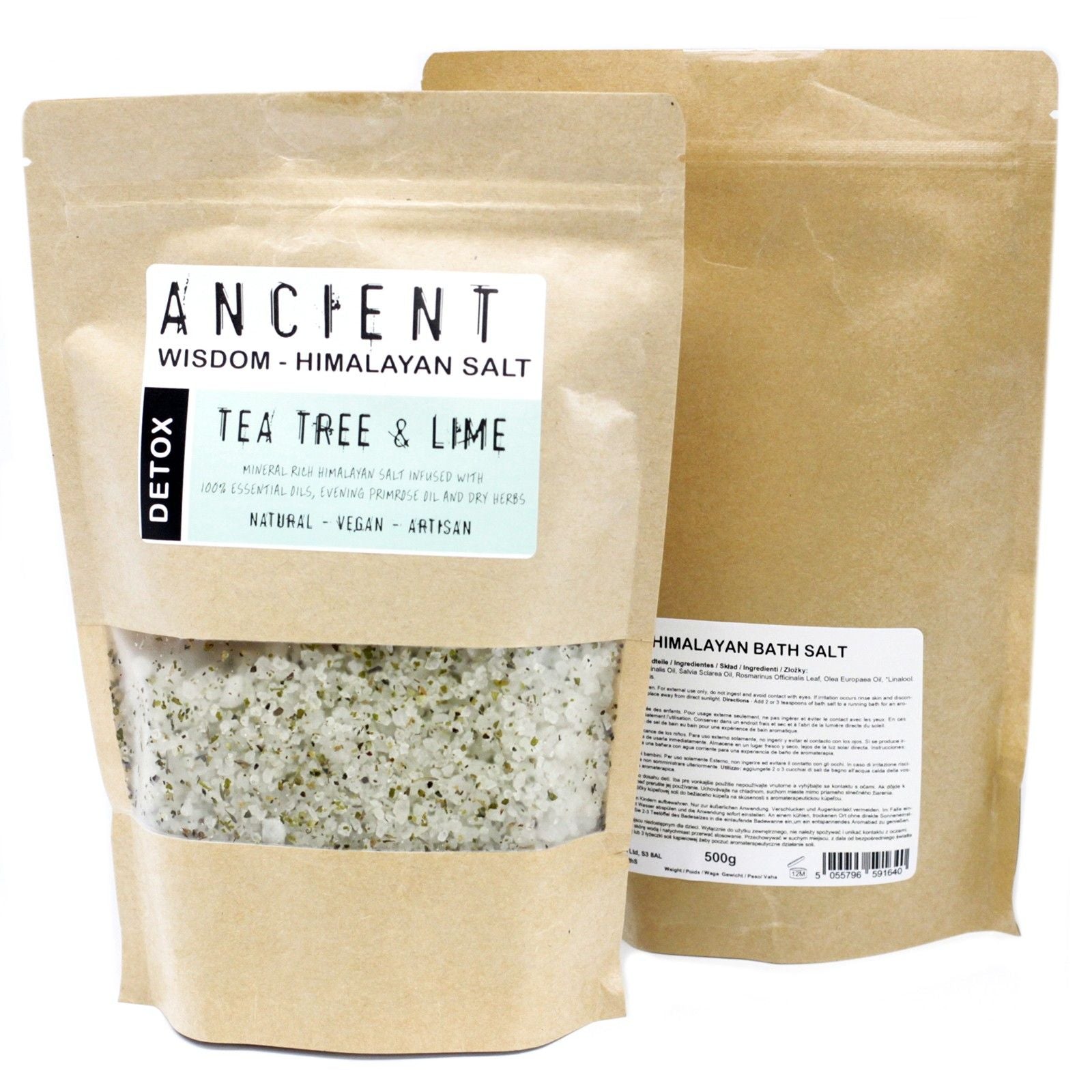 Detox Tea Tree & Lime Himalayan bath salt blend in a resealable kraft pouch.