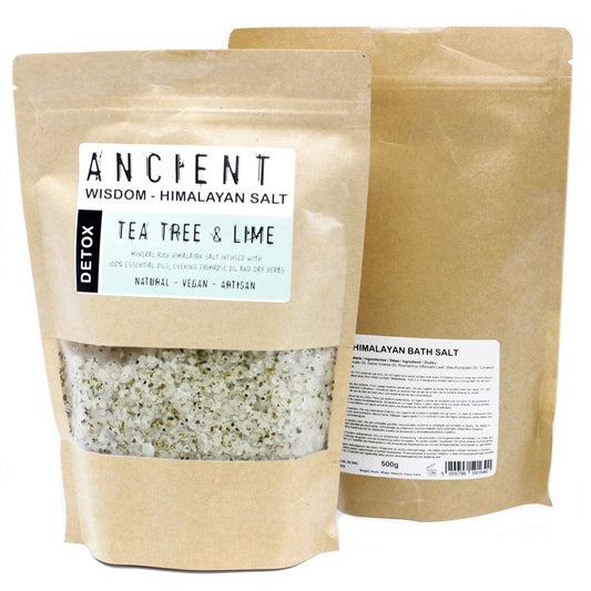 Detox Tea Tree & Lime Himalayan bath salt blend in a resealable kraft pouch.