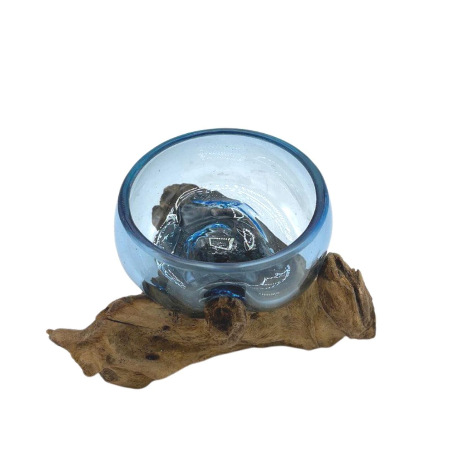 Handcrafted Blue Molten Glass Mini Bowl on Natural Gamal Wood