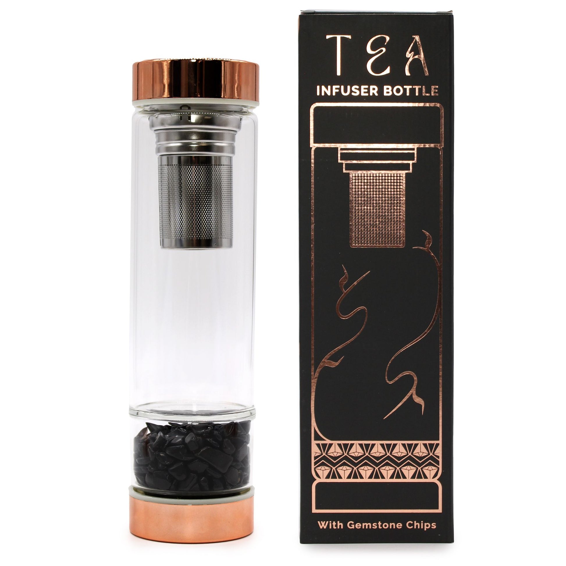 Onyx & Rose Gold botanical infuser bottle with a glass chamber at the base.
