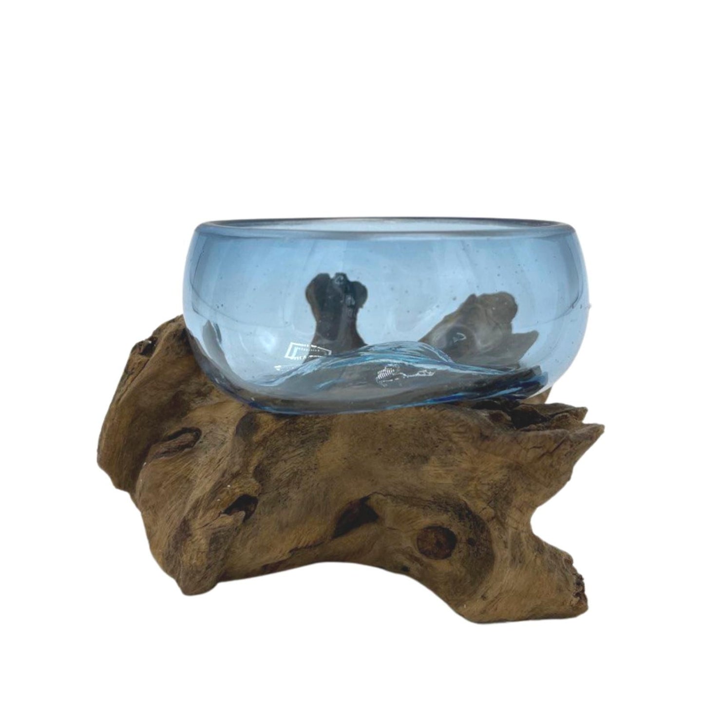 Handcrafted Blue Molten Glass Mini Bowl on Natural Gamal Wood