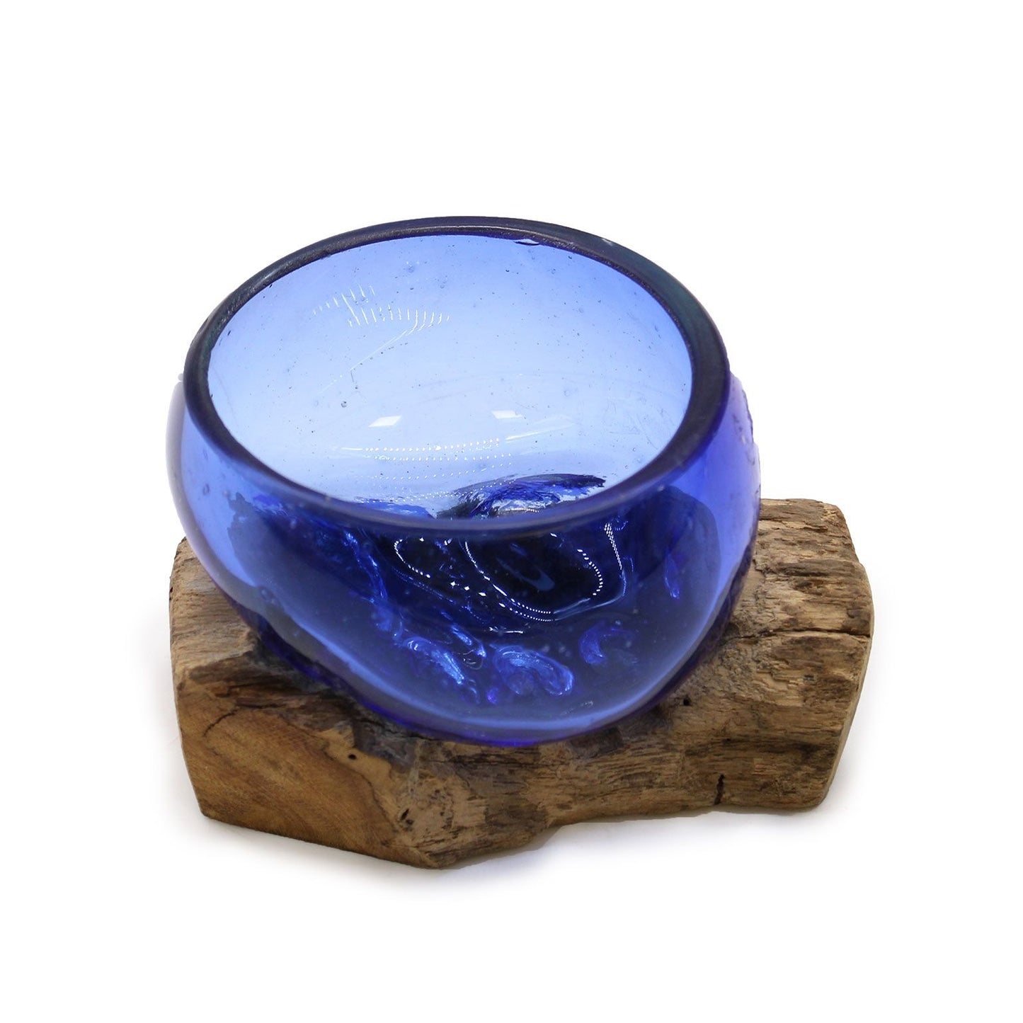 Handcrafted Blue Molten Glass Mini Bowl on Natural Gamal Wood