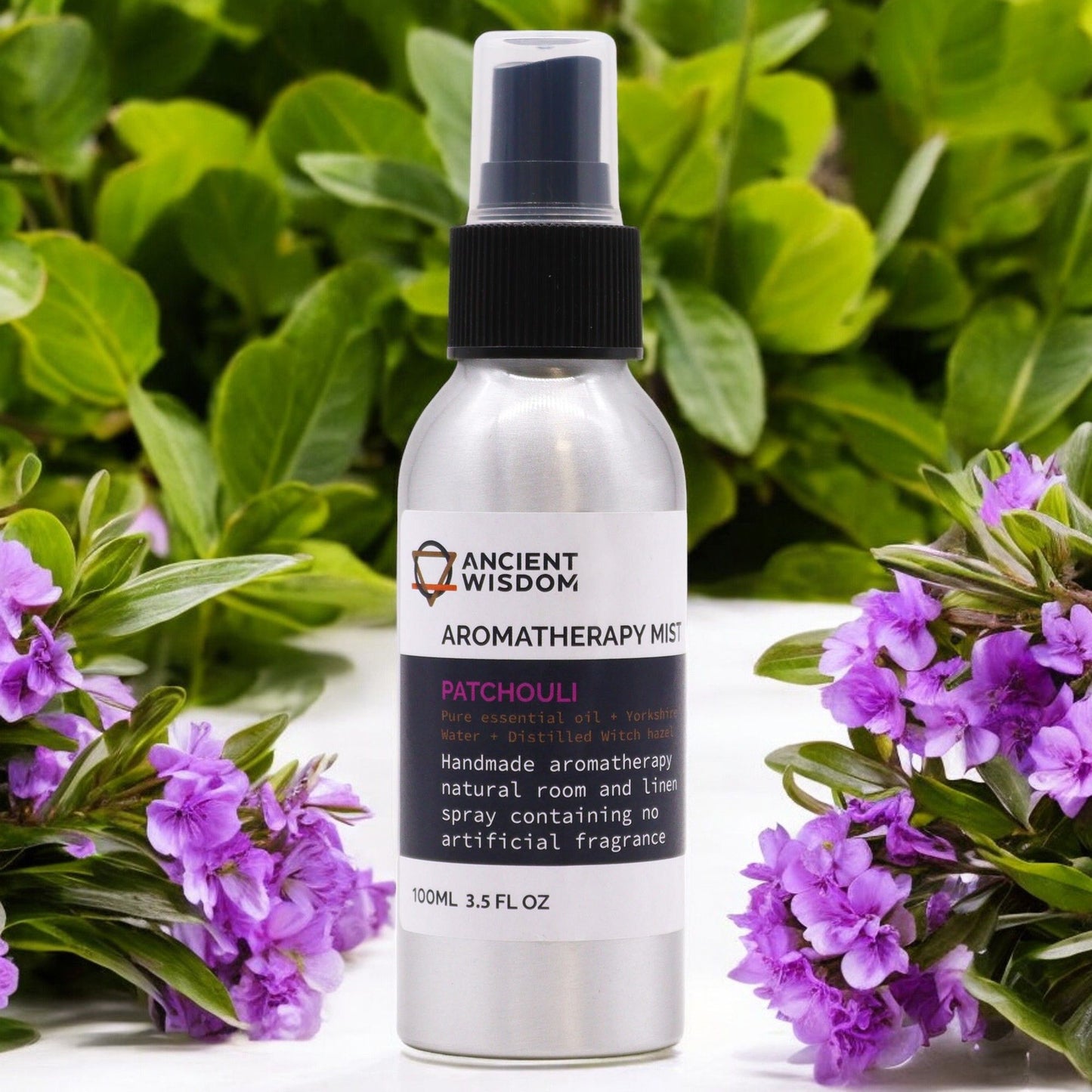 Pure Patchouli botanical room mist in a 100ml aluminium bottle.