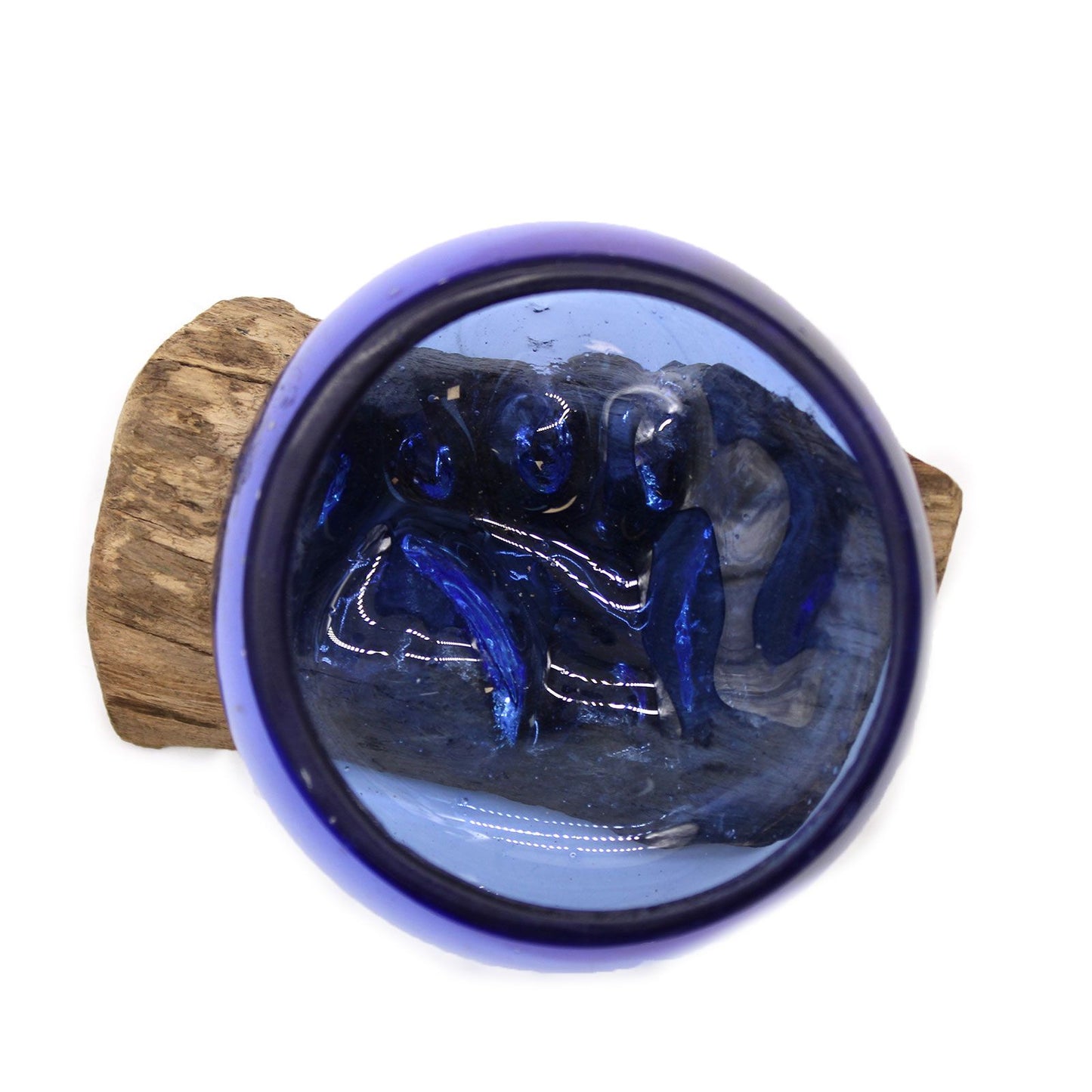 Handcrafted Blue Molten Glass Mini Bowl on Natural Gamal Wood