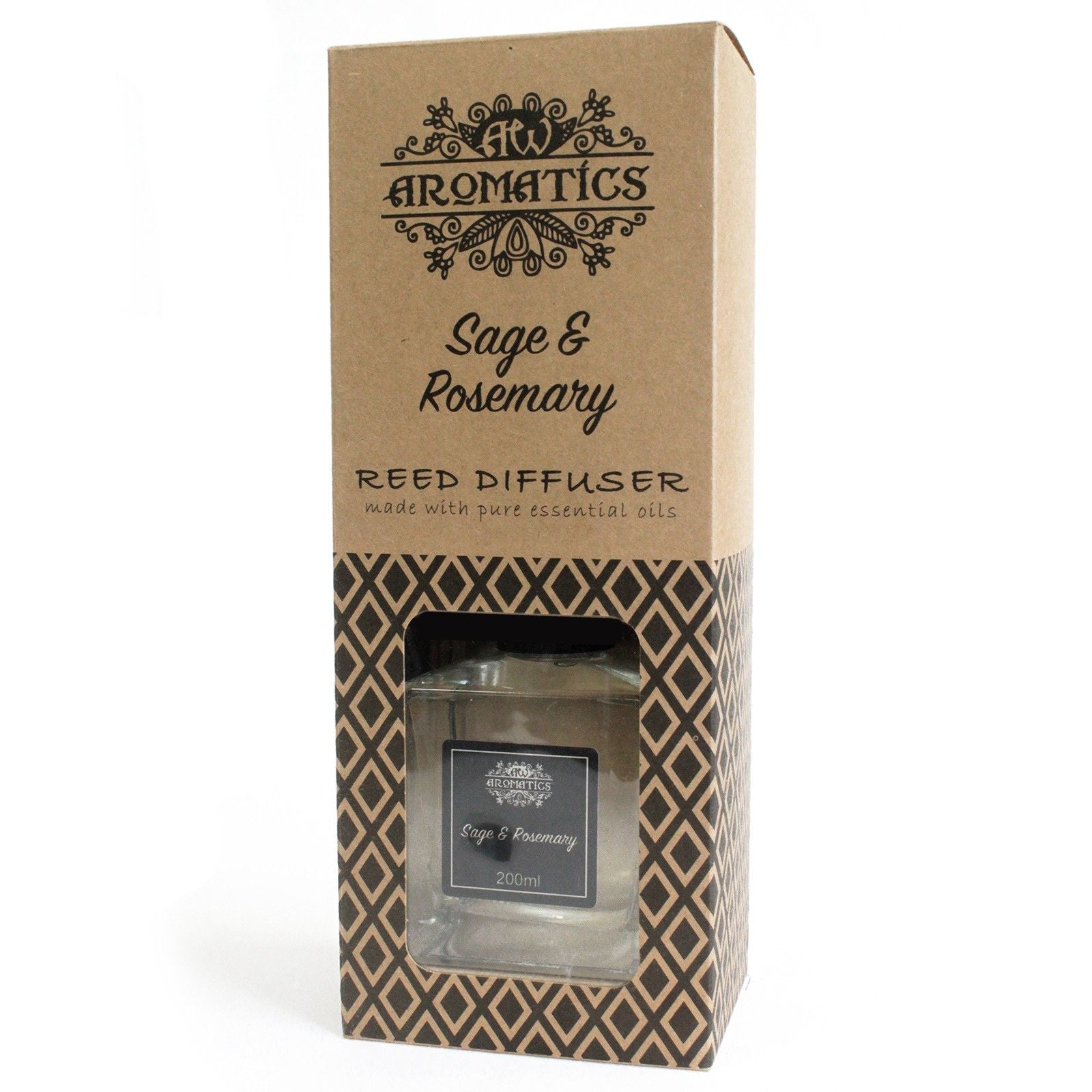 Aromatic Sage & Rosemary essential oil reed diffuser in glass bottle with rattan sticks.