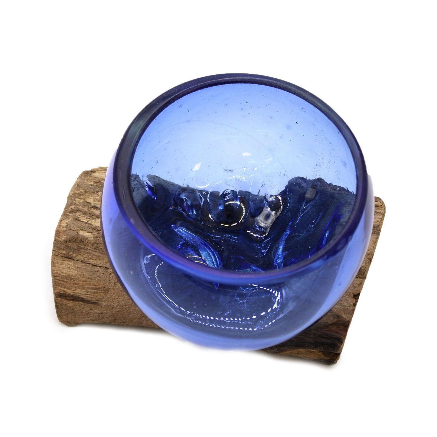 Handcrafted Blue Molten Glass Mini Bowl on Natural Gamal Wood