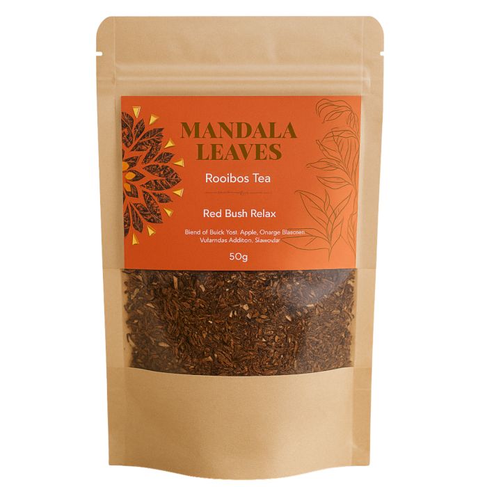 50g Red Bush Relax Rooibos herbal tea in a resealable kraft pouch.