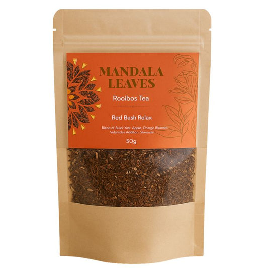 50g Red Bush Relax Rooibos herbal tea in a resealable kraft pouch.
