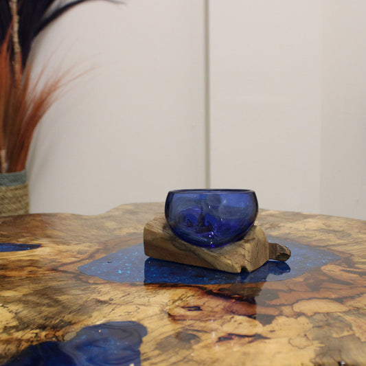 Handcrafted Blue Molten Glass Mini Bowl on Natural Gamal Wood