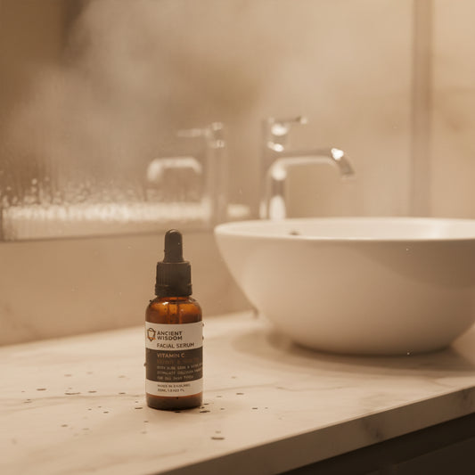 Amber glass dropper bottle of natural Vitamin C and Aloe Vera facial serum, part of the Glan & Hearth curated apothecary skincare collection.