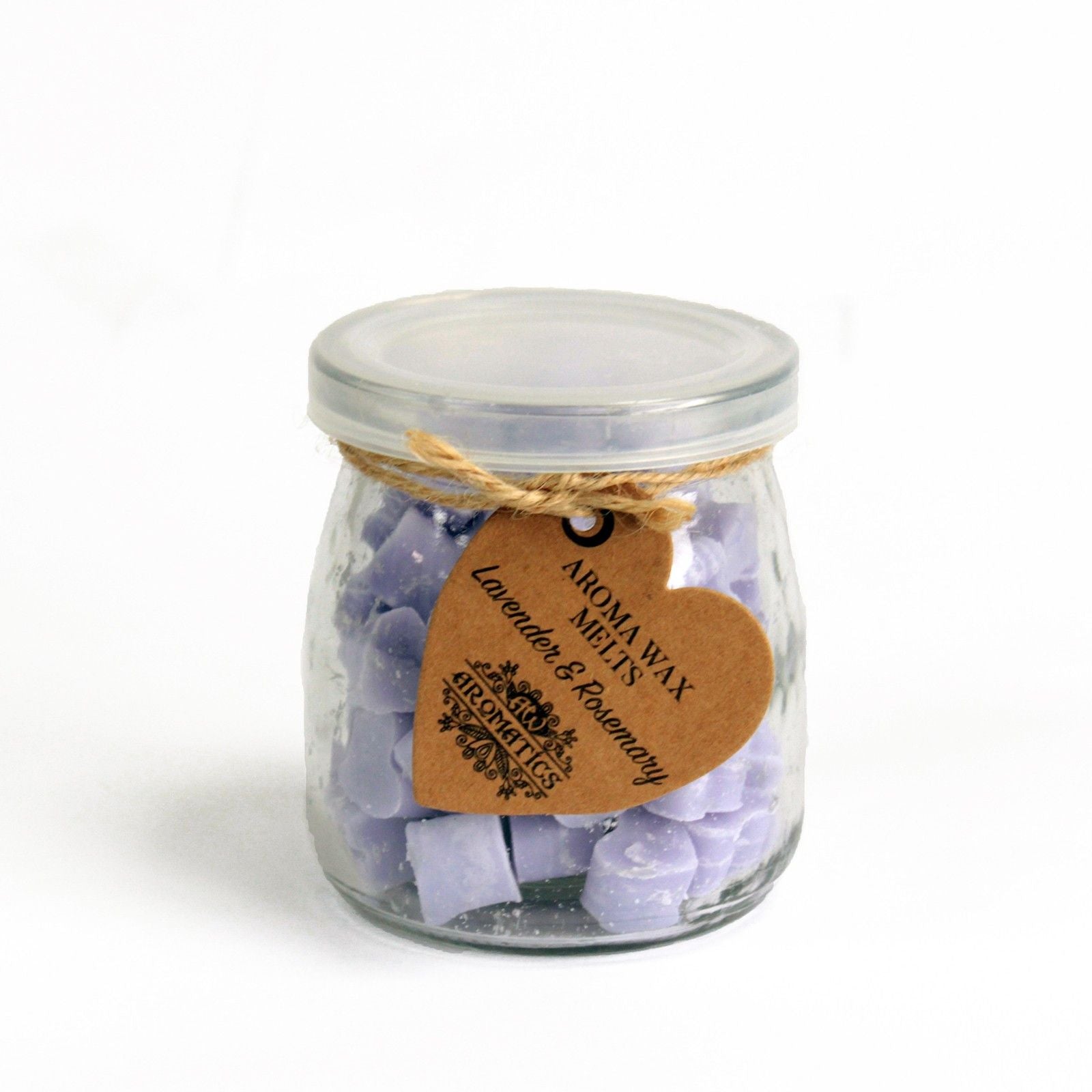 Lavender & Rosemary soy wax heart melts in a glass jar with rustic kraft tag.