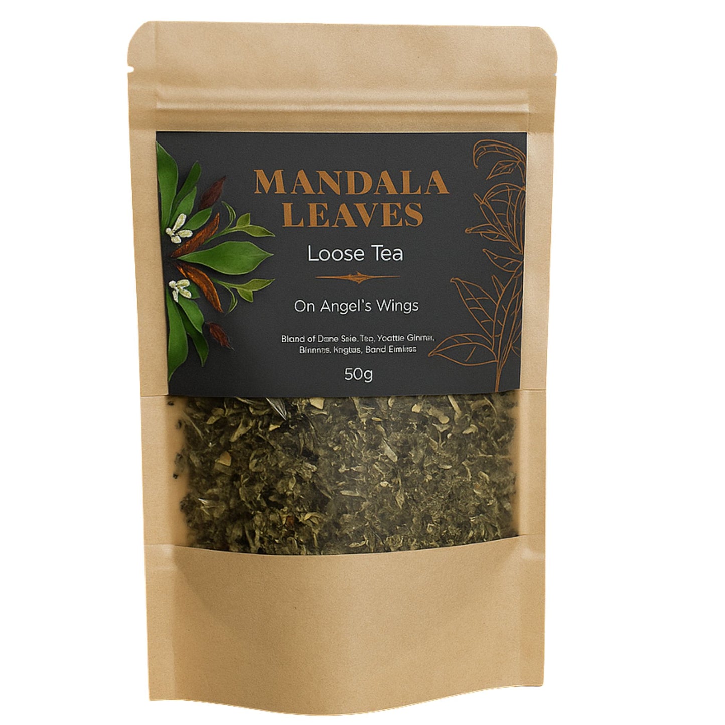 A 50g kraft paper pouch of Mandala Leaves artisan loose leaf Pu'erh and nettle tea blend, featuring a botanical label.
