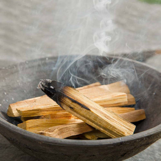 A natural kraft paper pouch filled with raw, sustainably sourced Palo Santo wood sticks.