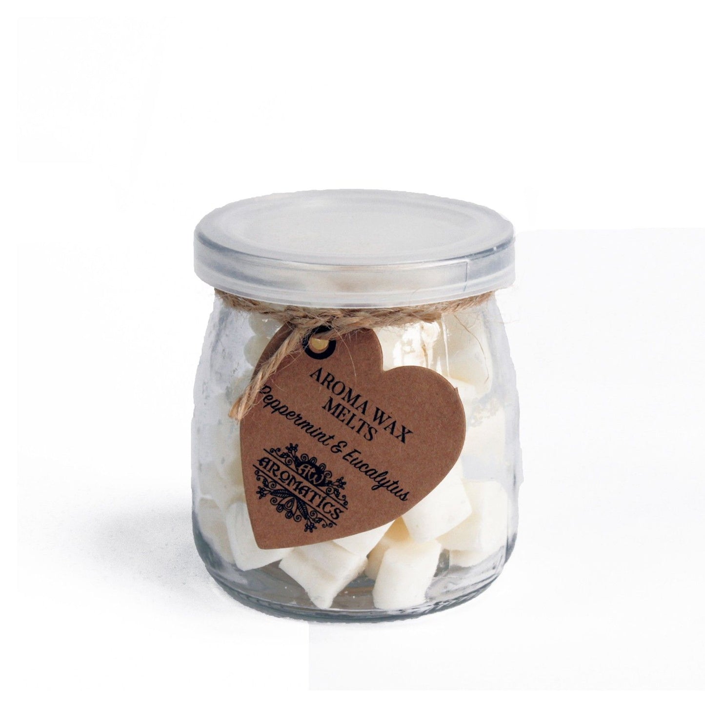 Peppermint & Eucalyptus soy wax heart melts in a glass jar with rustic kraft tag.