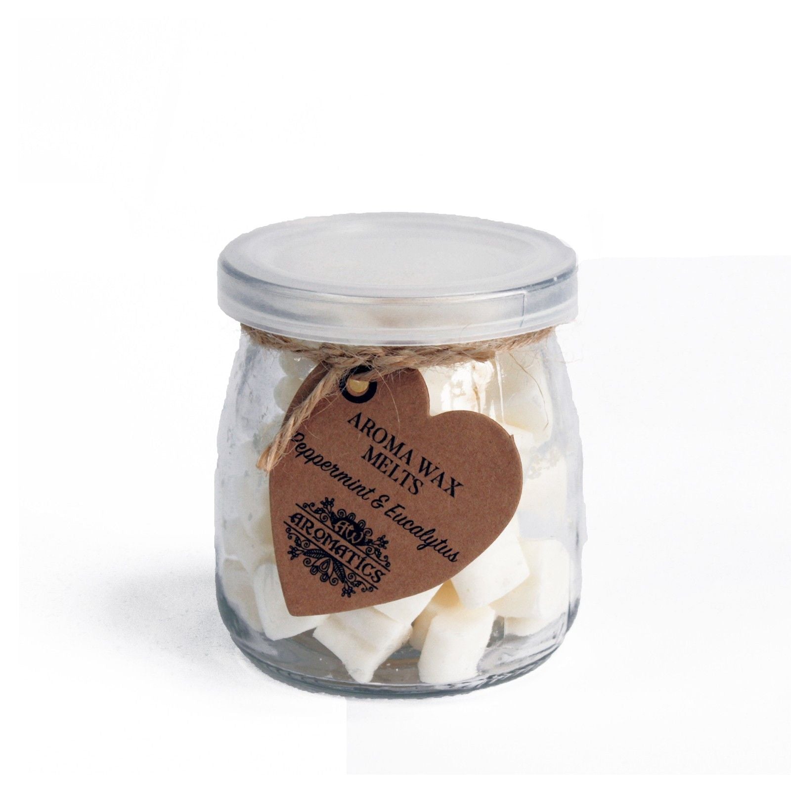 Peppermint & Eucalyptus soy wax heart melts in a glass jar with rustic kraft tag.
