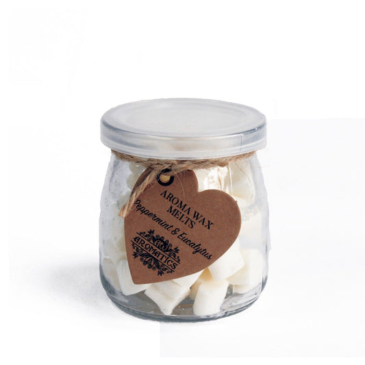 Peppermint & Eucalyptus soy wax heart melts in a glass jar with rustic kraft tag.