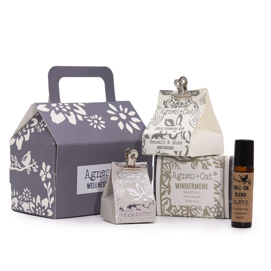 Agnes + Cat Lake Breeze wellness gift set including artisanal candles and essential oil products.