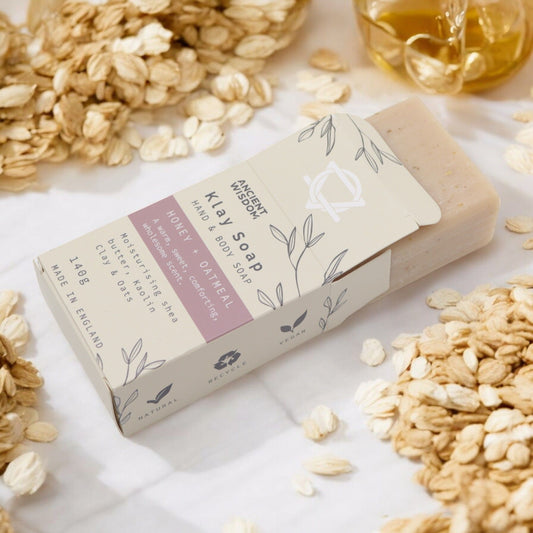 Artisan Honey & Oatmeal soothing botanical soap block with real oats.