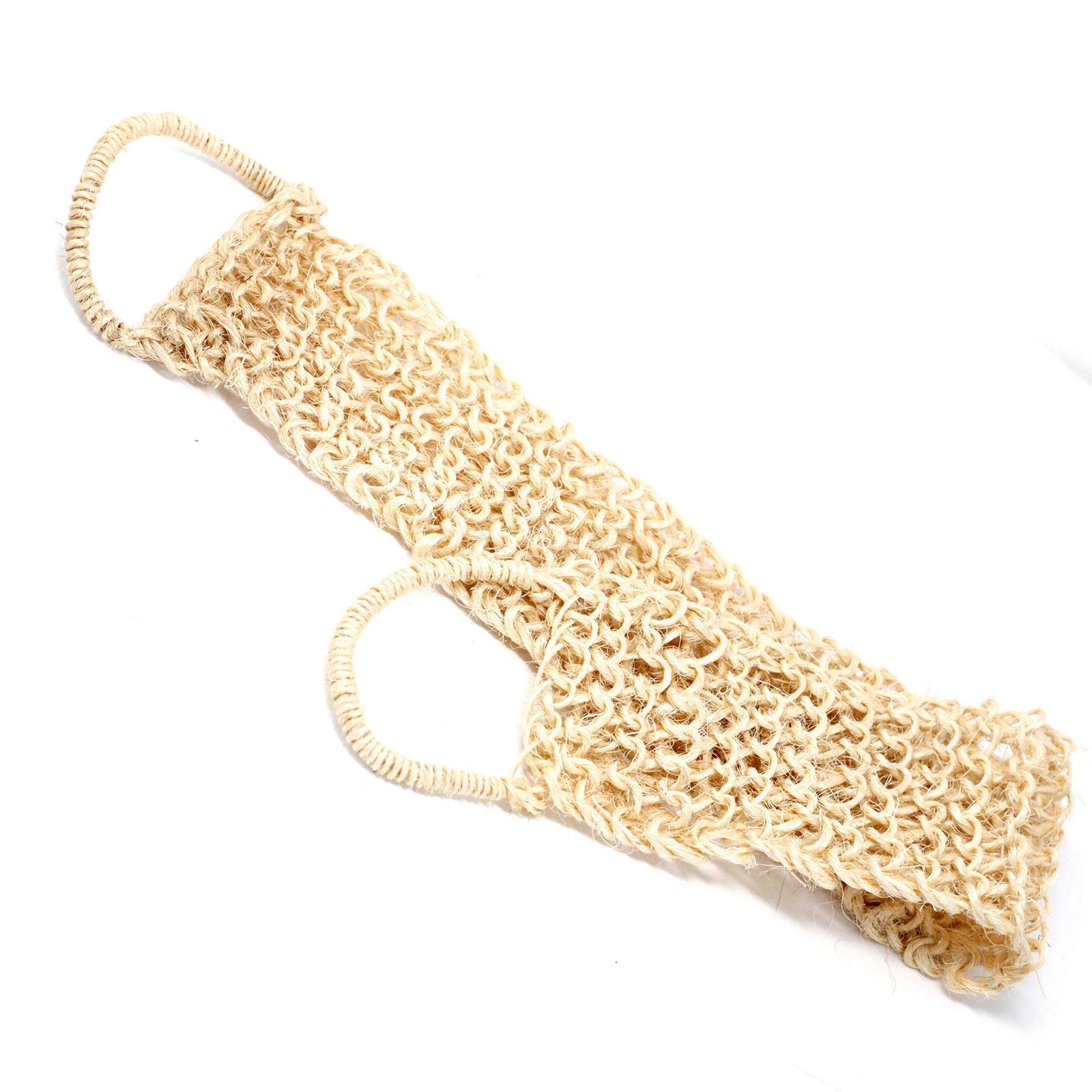 Long natural sisal exfoliating back scrub with wooden handles for bathroom spa ritual.
