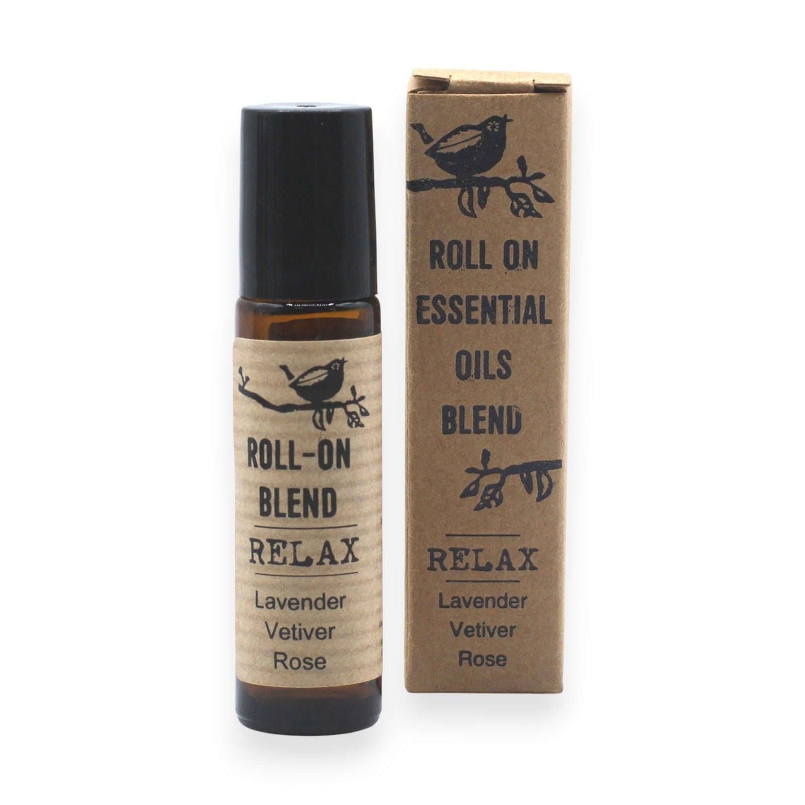 Relax Essential Oil Pulse Point Roller in an amber glass bottle with kraft packaging.