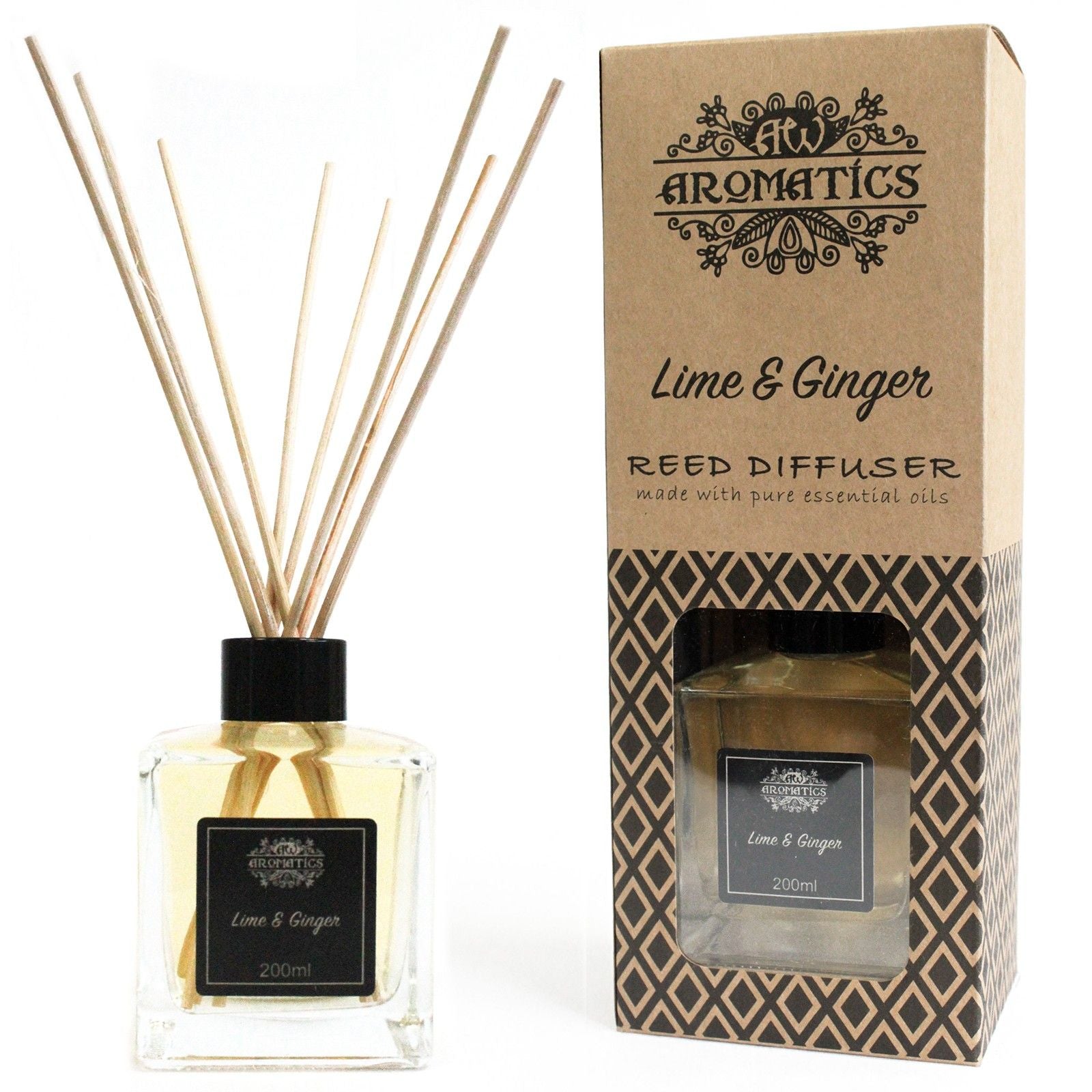 Bright Lime & Ginger essential oil reed diffuser in glass bottle with natural rattan sticks.