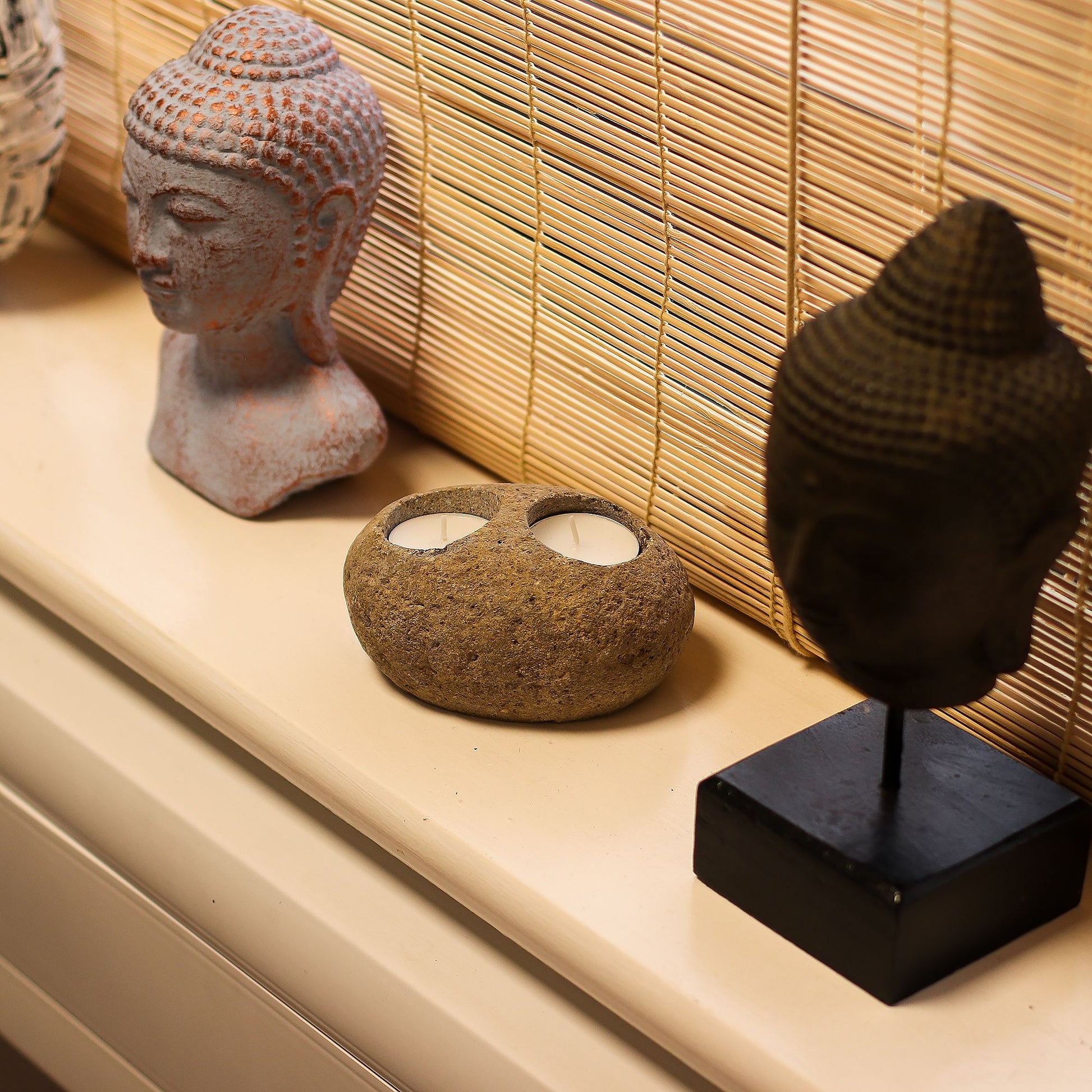 Double tealight holder carved from genuine, hand-finished Indonesian river stone.
