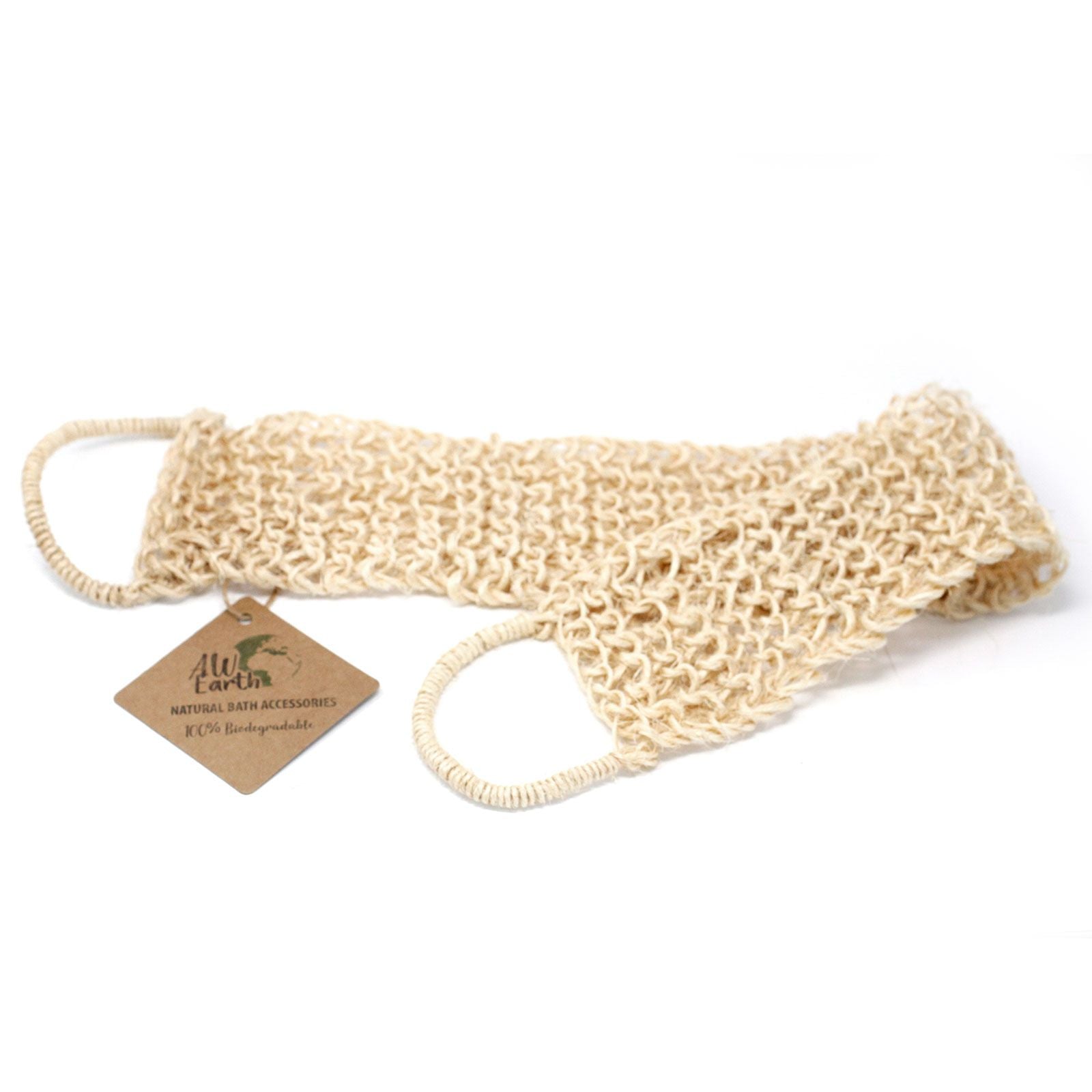 Long natural sisal exfoliating back scrub with woven handles for bathroom spa ritual.