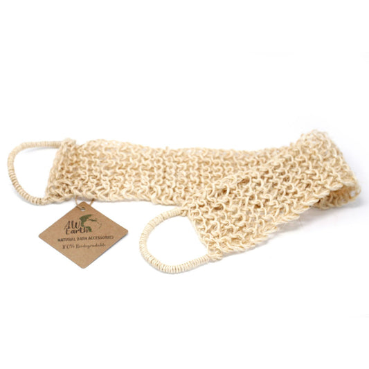 Long natural sisal exfoliating back scrub with woven handles for bathroom spa ritual.