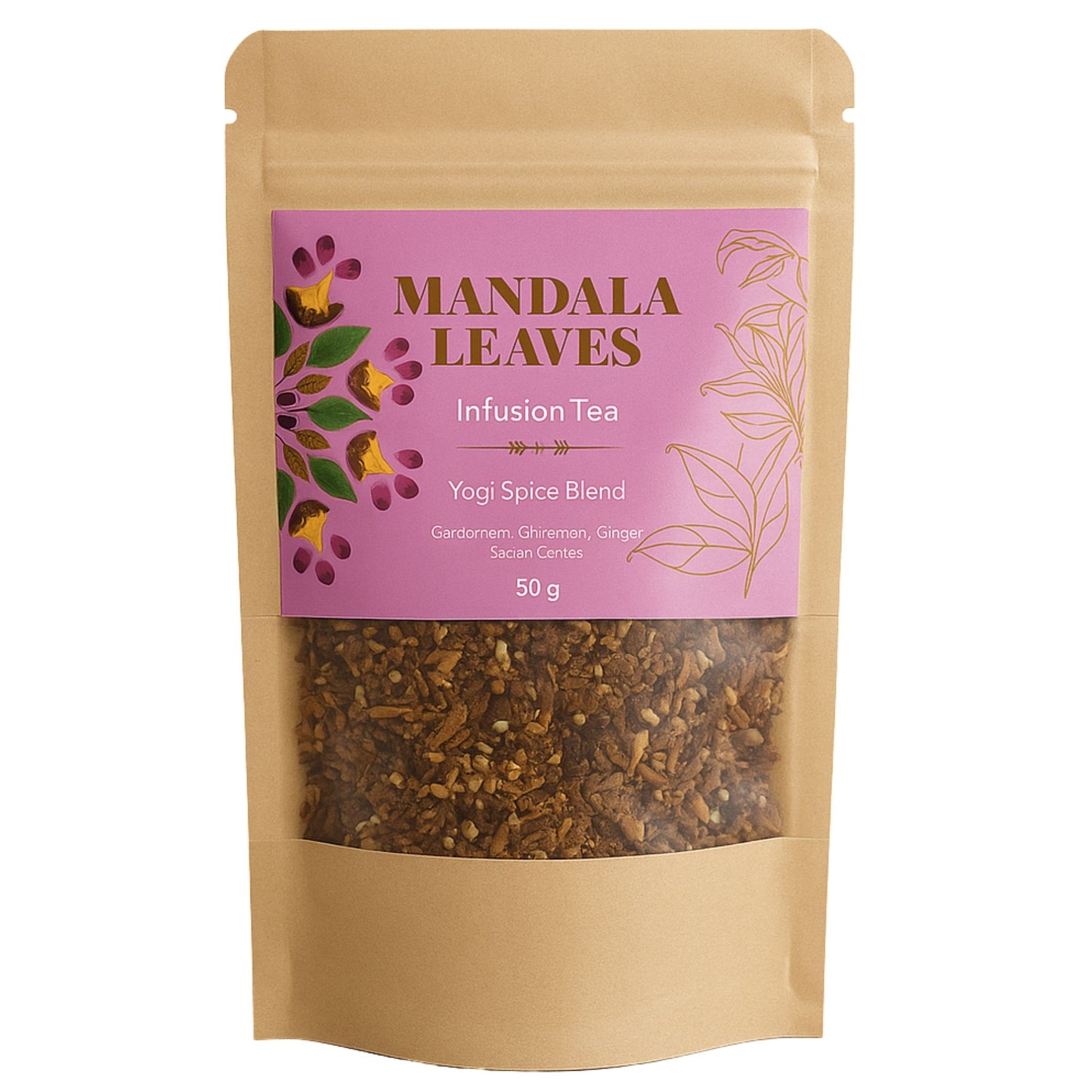 50g Yogi Spice Blend artisan botanical infusion in a resealable kraft pouch.