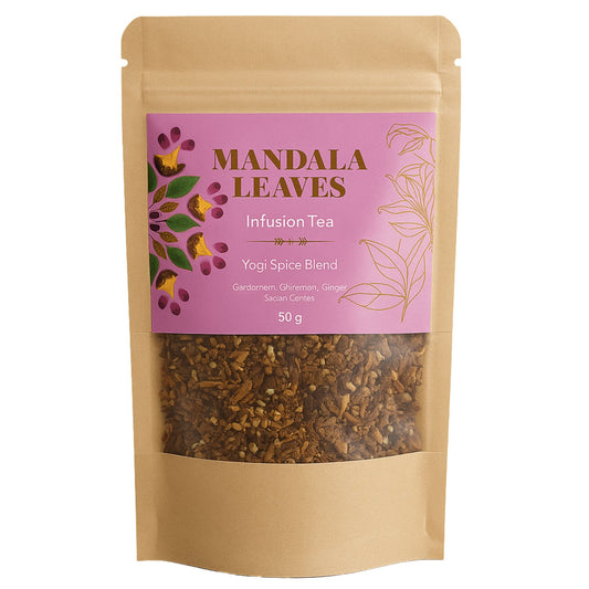 50g Yogi Spice Blend artisan botanical infusion in a resealable kraft pouch.