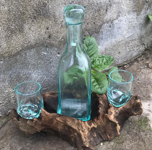 Handcrafted Molten Glass Whisky Decanter Set on Natural Gamal Wood