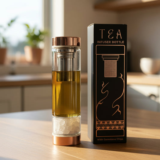 Clear tea infuser bottle with copper accents and packaging on a white background