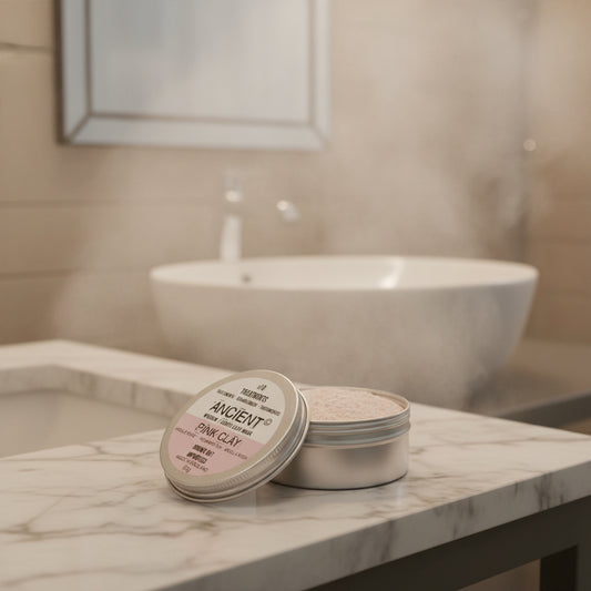 Aluminum tin filled with soft, rose-toned Pink Kaolin clay powder, part of the Glan & Hearth curated apothecary skincare collection.
