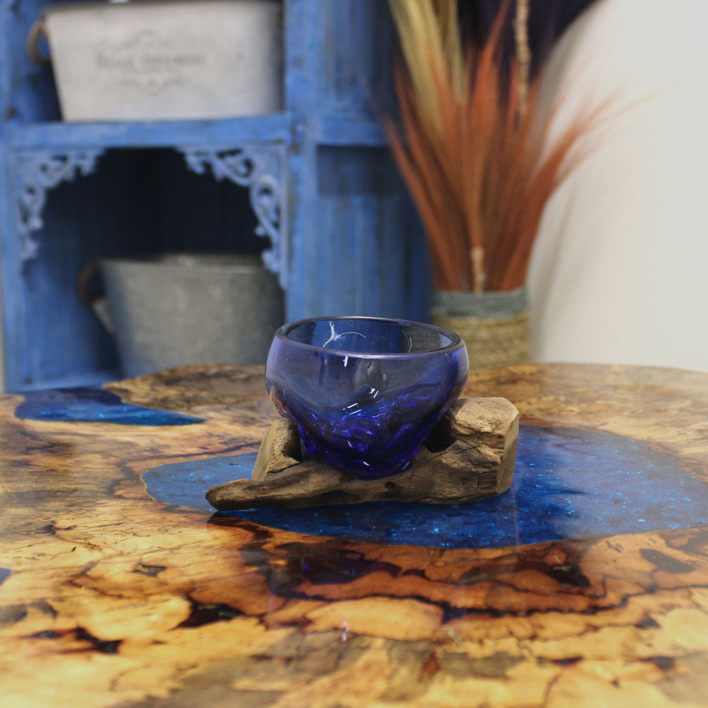 Handcrafted Blue Molten Glass Mini Bowl on Natural Gamal Wood