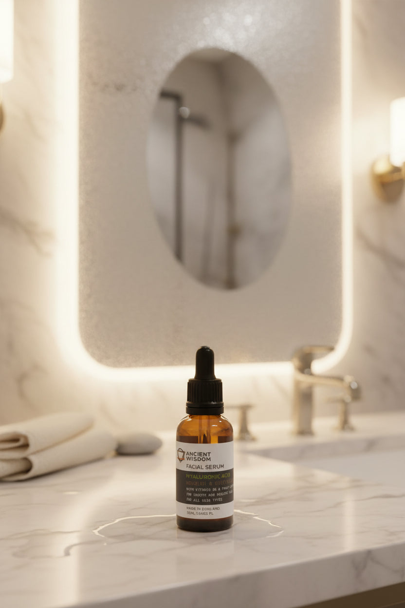 Amber glass dropper bottle of hydrating Hyaluronic Acid facial serum with Vitamin B5, part of the Glan & Hearth curated apothecary skincare collection.