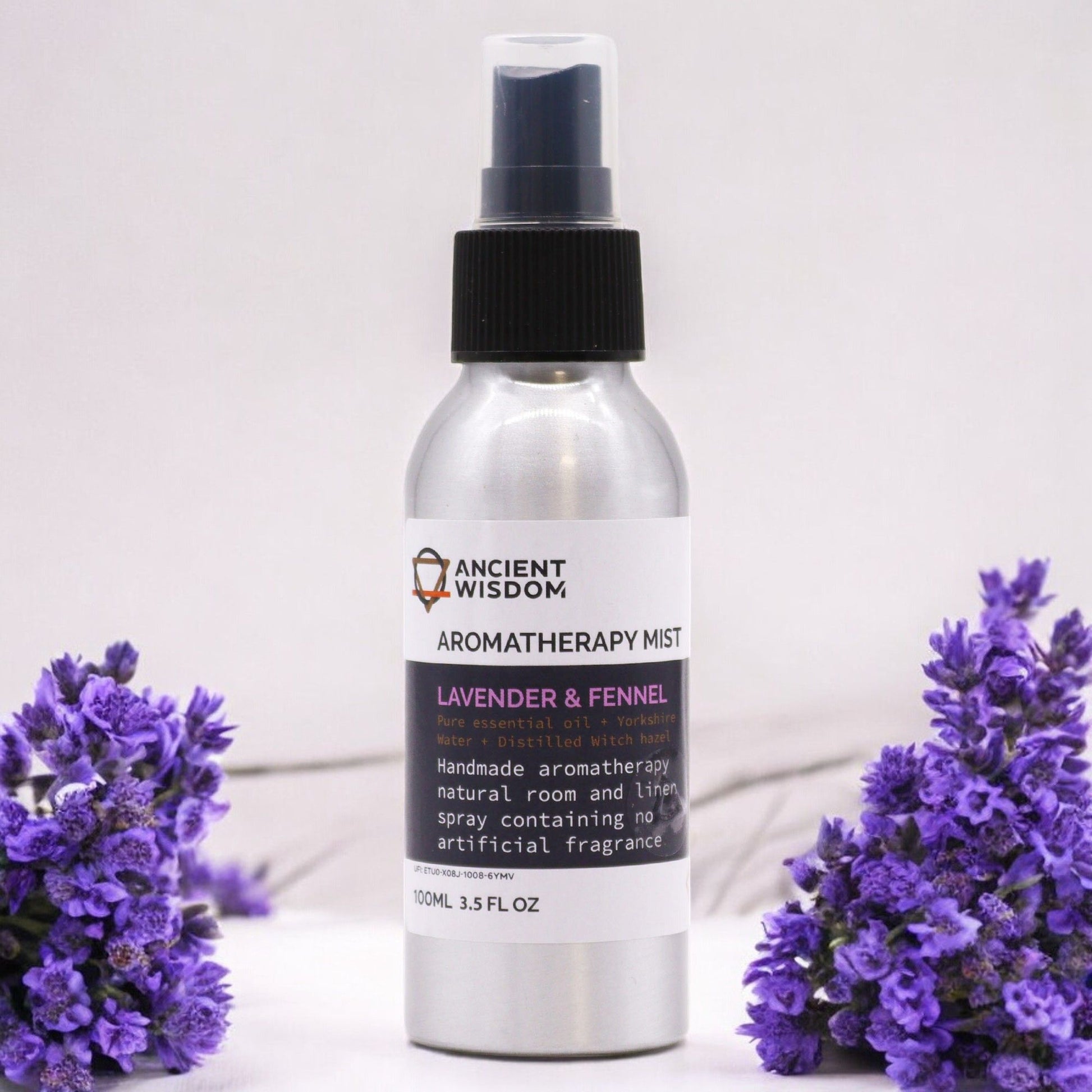 Lavender & Fennel botanical room mist in a 100ml aluminium bottle.