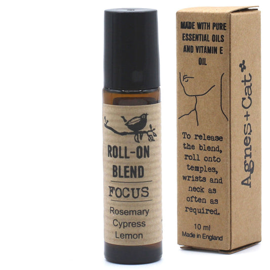 Focus Essential Oil Pulse Point Roller in an amber glass bottle with kraft packaging.