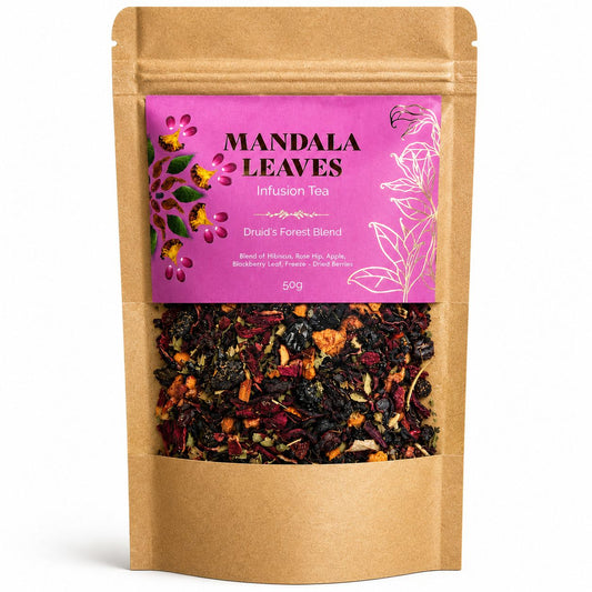 50g Druid's Forest Blend botanical tea in a resealable kraft pouch.